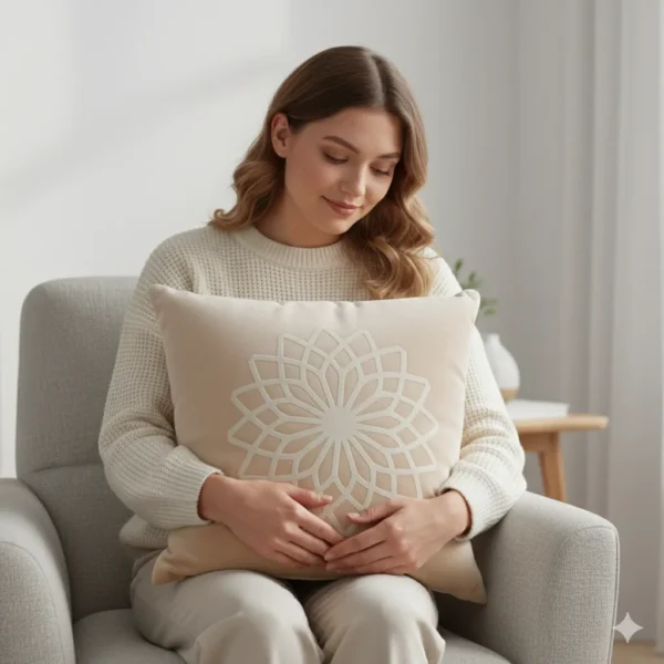 Teal Geometric Velvet Pillow - Beige