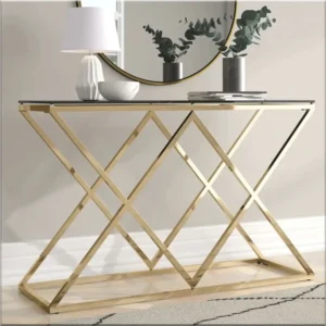 Black Modern Console Table Marble effect Top & Metal Gold Finishing 01