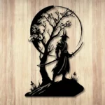 1pc Japanese Samurai Silhouette W'ooden Wall Art, Cherry Blossom & Moon Design, Reusable Iron Sculpture with Sword Detail - Image 3