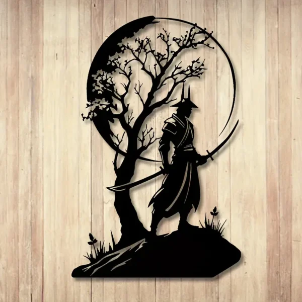 1pc Japanese Samurai Silhouette W'ooden Wall Art, Cherry Blossom & Moon Design, Reusable Iron Sculpture with Sword Detail - Image 3