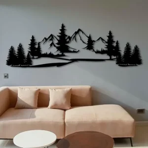 Wooden Mountain Wall Art, Metal Pine Tree Wall Decor, Mountain Decor, Natural Wall Art for Living Room, Bedroom, Bathroom, Kitchen, Outdoor|