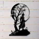 1pc Japanese Samurai Silhouette W'ooden Wall Art, Cherry Blossom & Moon Design, Reusable Iron Sculpture with Sword Detail