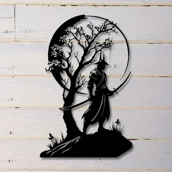 1pc Japanese Samurai Silhouette W'ooden Wall Art, Cherry Blossom & Moon Design, Reusable Iron Sculpture with Sword Detail - Image 1