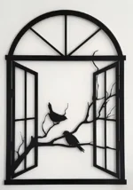 Wooden Window Bird Sculpture Wall Art