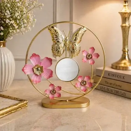 golden butterfly flower metal table decor with mirror elegant home decoration