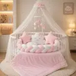 Baby Pink Baby Cot Bedding Set with Canopy and Braided Bumper by Somis Designer