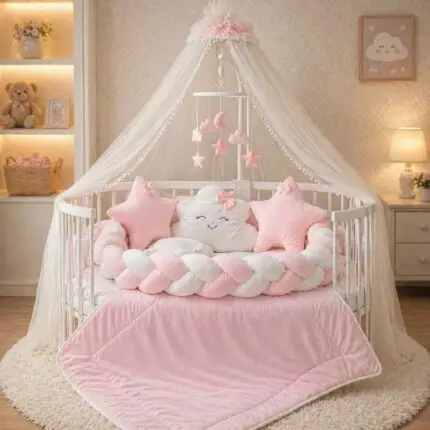 Baby Pink Baby Cot Bedding Set with Canopy and Braided Bumper by Somis Designer